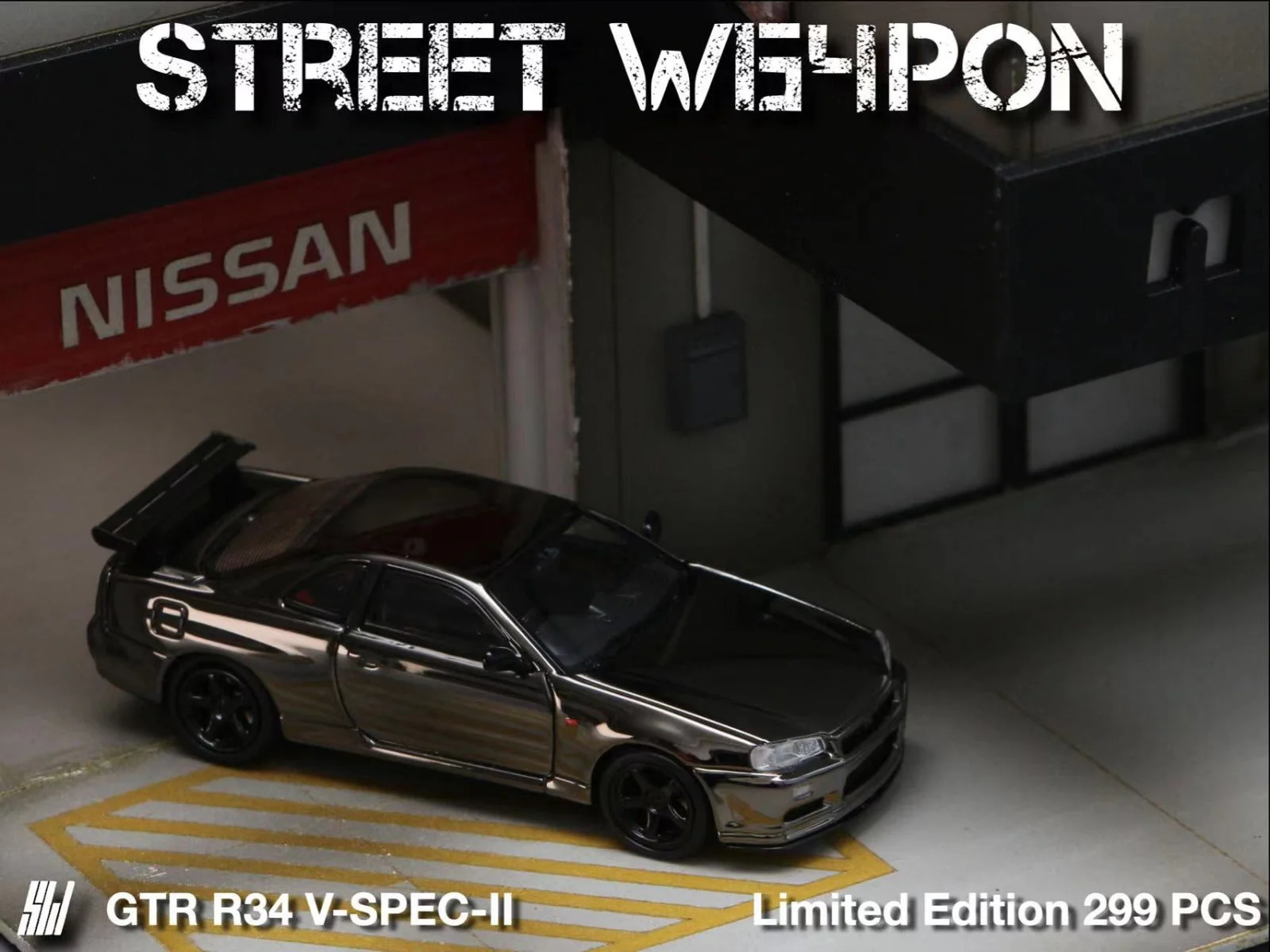 Street Weapon Skyline GTR R34 V-SPEC-II Chrome Plated Limited to 599 Pcs 1:64 - Image 6